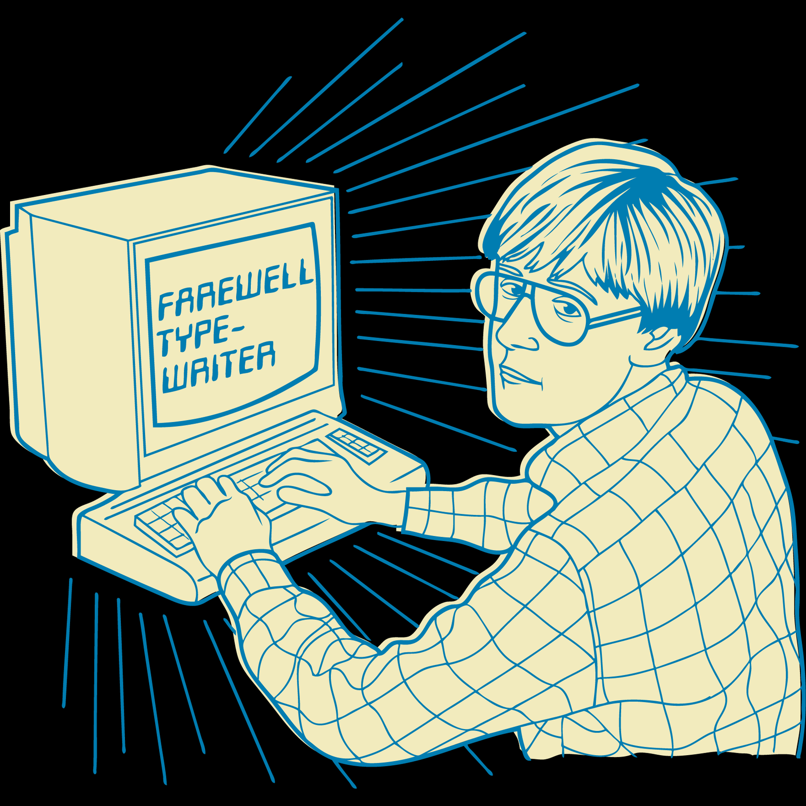 An illustration of a man in glasses sitting at a 1980s-style personal computer with the words 'FAREWELL TYPEWRITER' on the screen.
